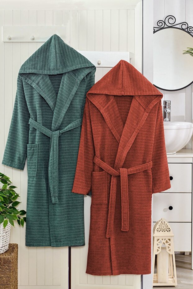 Nature Green Tile Hooded Couple Bathrobe