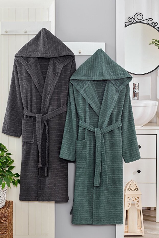 Nature Anthracite Green Hooded Couple Bathrobe