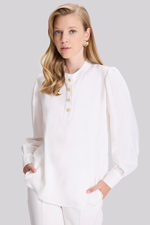 Düğmeli Dik Yaka Bluz - 3