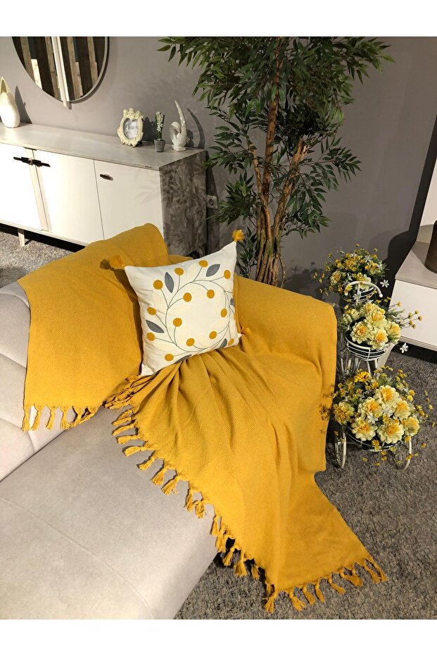 Mustard Yellow Cotton Sofa Cover Non-Slip Textured Decorative 180*200 cm