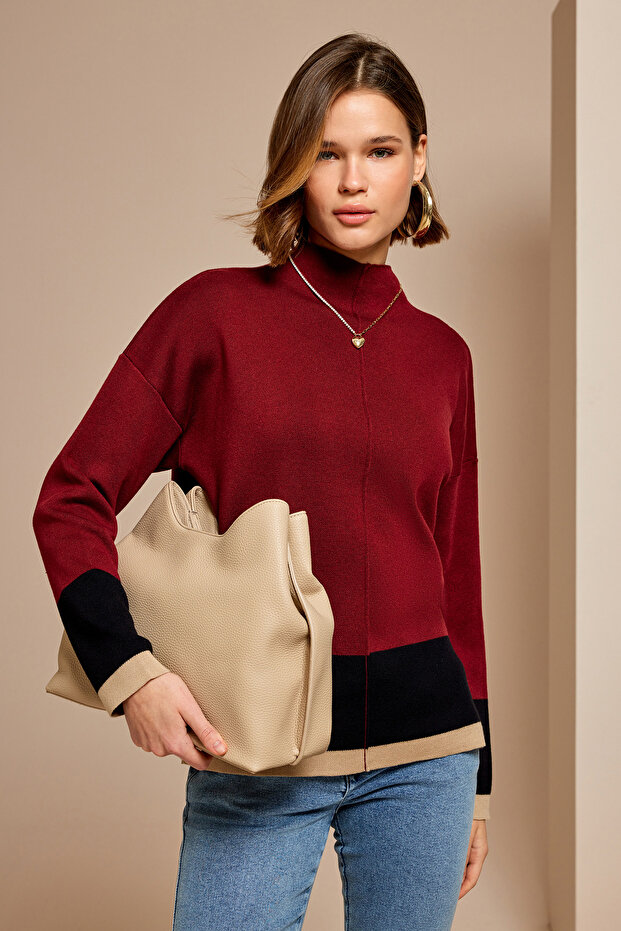 Kontrast Dik Yaka Triko Kazak - 1