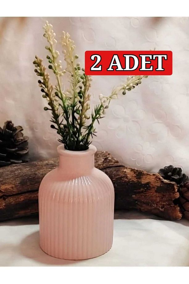 2 Adet Vazo Çizgili Vazo Pampas Vazosu Yapay Ve Kuru Çiçek Vazosu Koyu Krem Renk - 1
