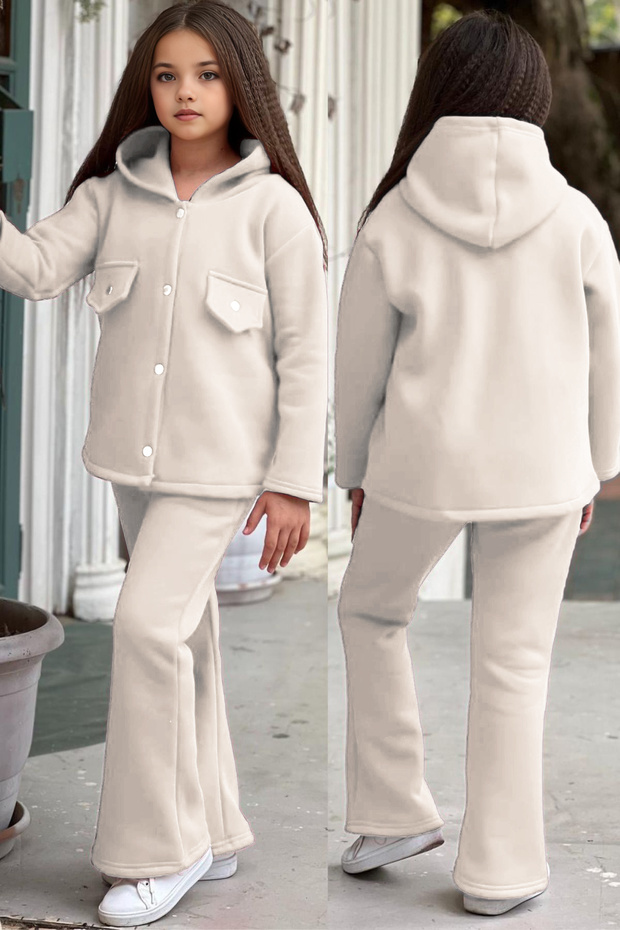 3 Thread Raised Winter Loose Leg Bottom Top Girls' Tracksuit Set with Snap Fastener Fleece