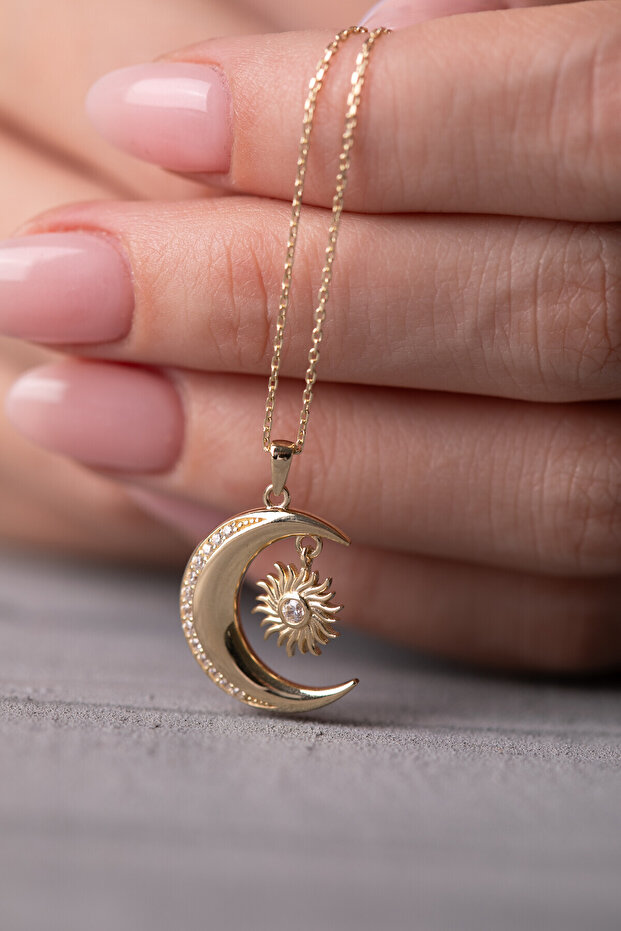 14 Ayar Altın Ay Güneş Kolye - 2