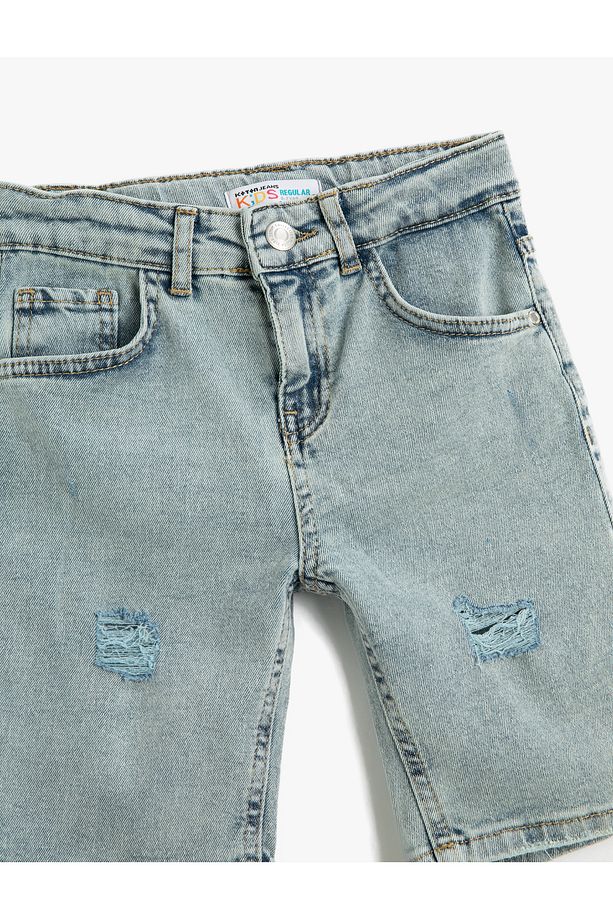 Kot Şort Bermuda Cepli Pamuklu - Slim Fit Beli Ayarlanabilir Lastikli - 3