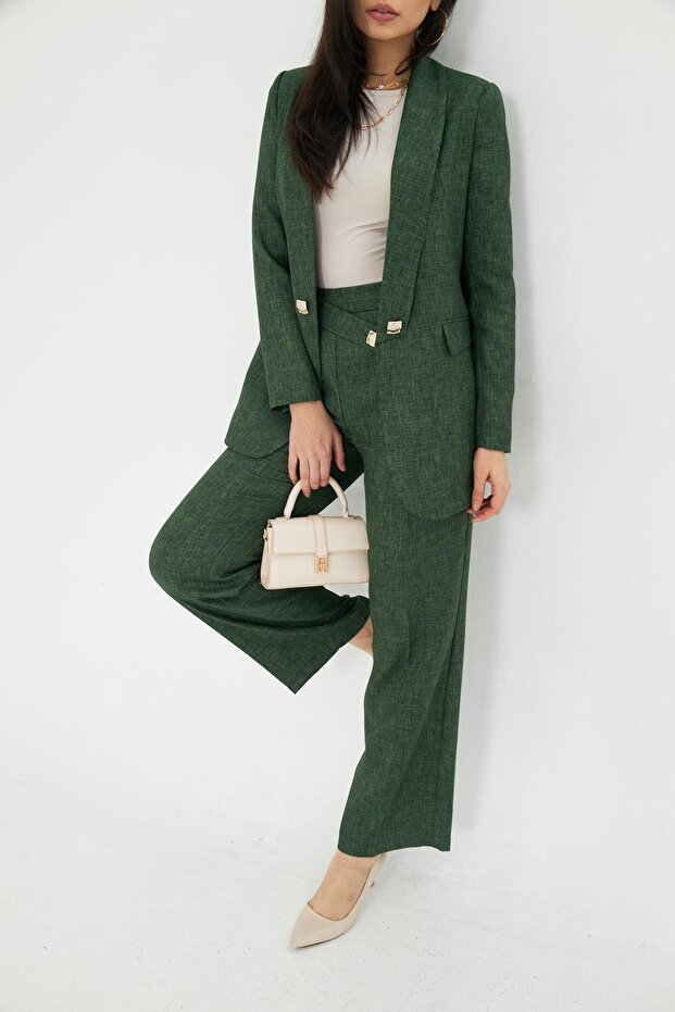 Kare Düğmeli Yünefekt Takım Zümrüt - 4