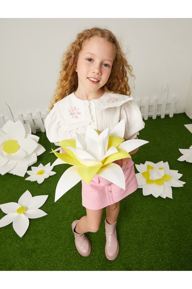 Shirt with Wide Collar, Short Balloon Sleeves, and Embroidery Detail.