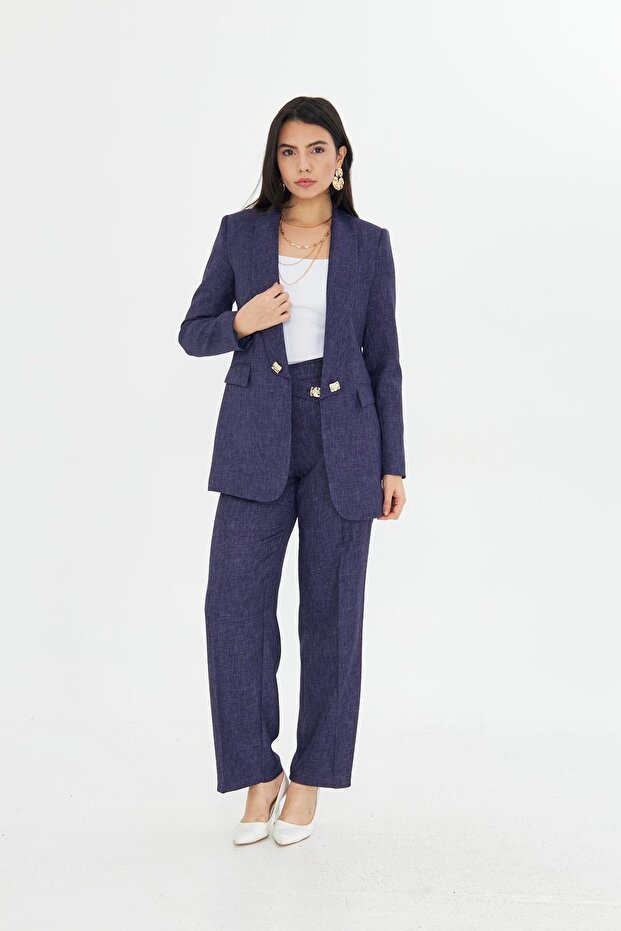 Kare Düğmeli Yünefekt Takım Lacivert Desenli - 1