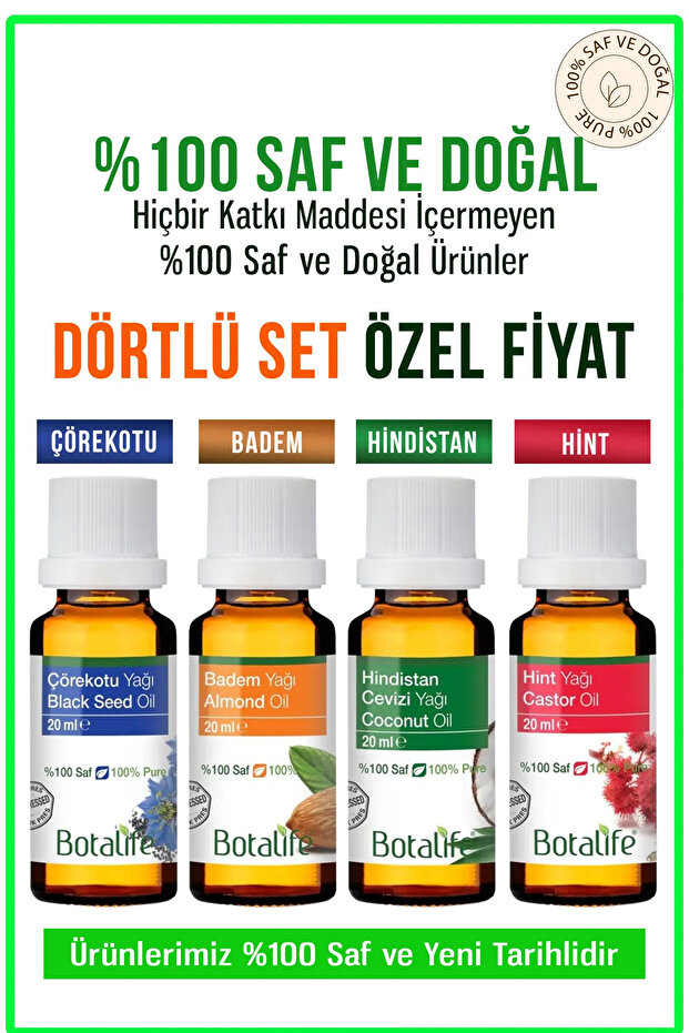 Badem Yağı, Çörekotu Yağı, Hindistan cevizi ve Hint Yağı 20ml Özel Set - 1