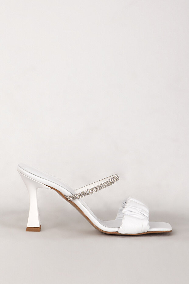 Women's Embellished Heeled Dress Slippers Genuine Leather Zy 7716 White