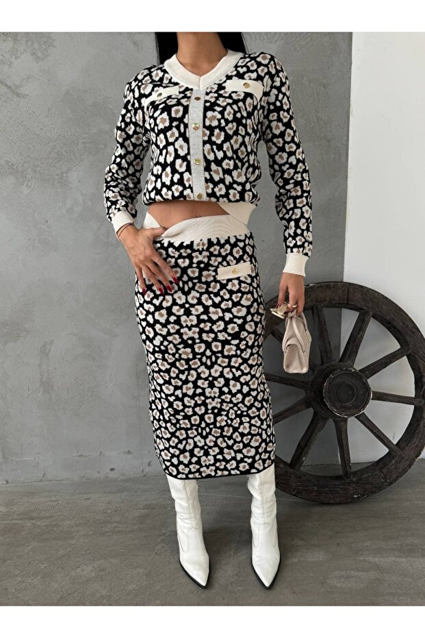 Leopard Pattern Button V-Neck Skirt Suit - 4