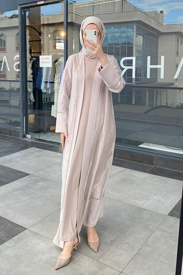 Beige Organza Set Abaya