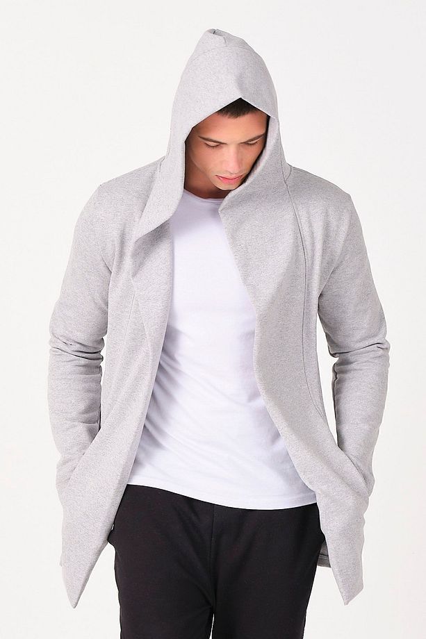 Erkek Gri Regular Fit Kapüşonlu Uzun Panço Hırka - 4