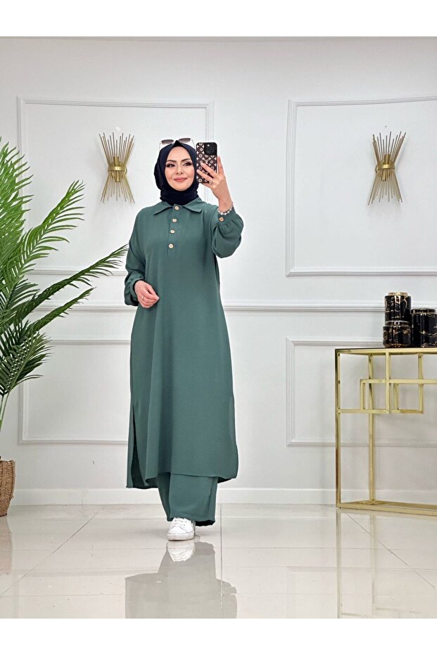 2-Piece Women's Pants Tunic Set, Polo Neck Button Dress