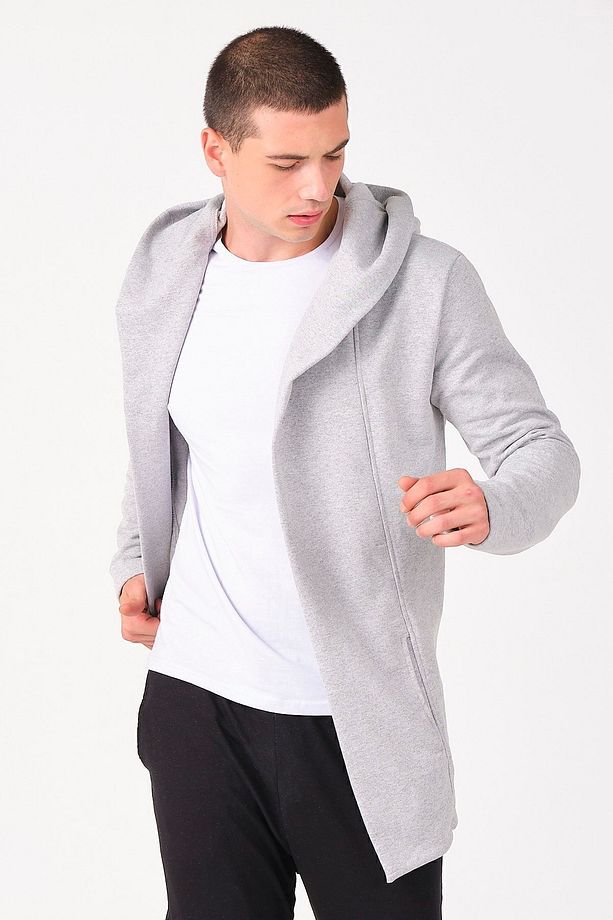 Erkek Gri Regular Fit Kapüşonlu Uzun Panço Hırka - 5