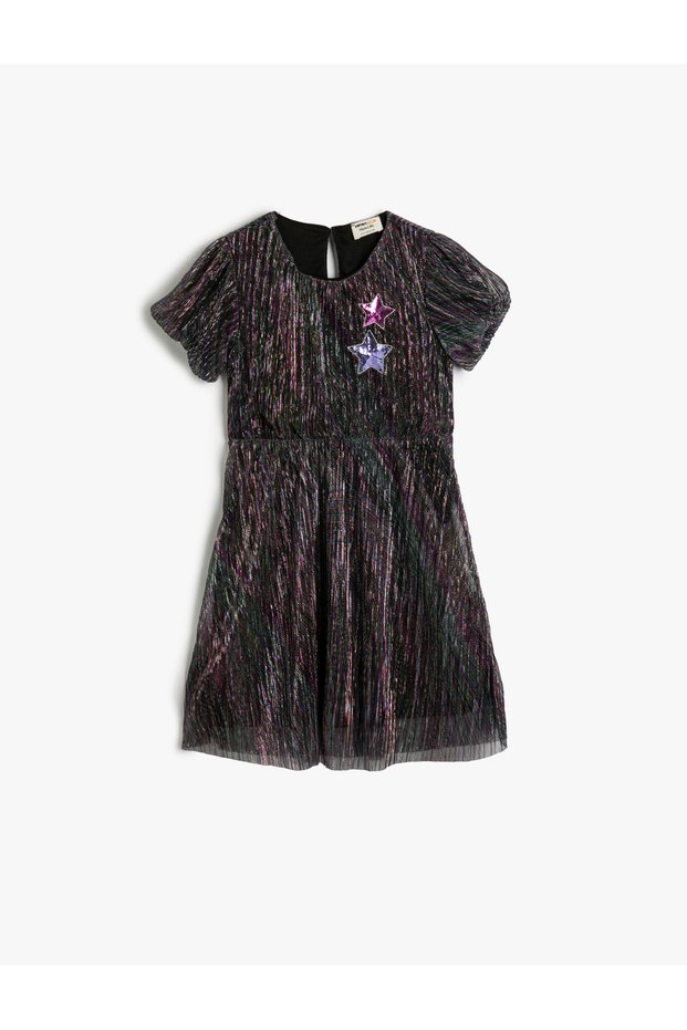 Shiny Tulle Dress with Star Applique - Short Sleeve and Gathered Waist