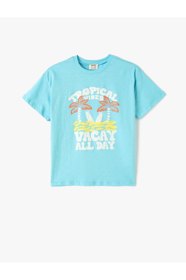 Tropical Printed Short Sleeve Crew Neck Cotton T-Shirt