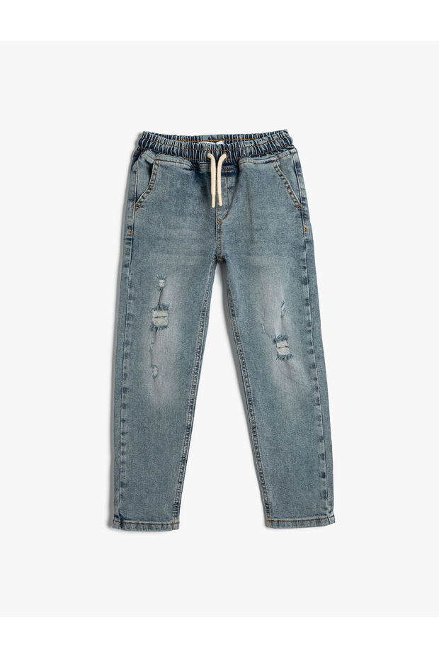 Jeans Trousers Frayed Detailed Cotton Pockets Tie Waist
