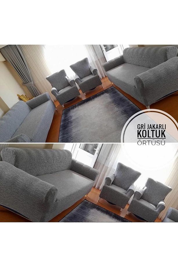 Lastikli Yıkanabilir Antrasit Jakarlı Koltuk Örtüsü Seti - 2x3'lü, 2x1'li - 1
