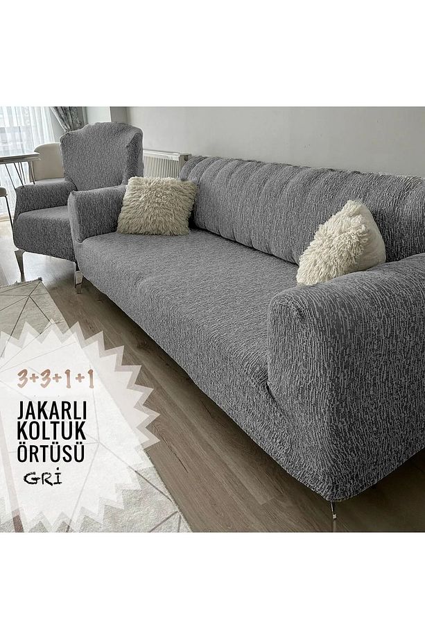 Lastikli Yıkanabilir Antrasit Jakarlı Koltuk Örtüsü Seti - 2x3'lü, 2x1'li - 2