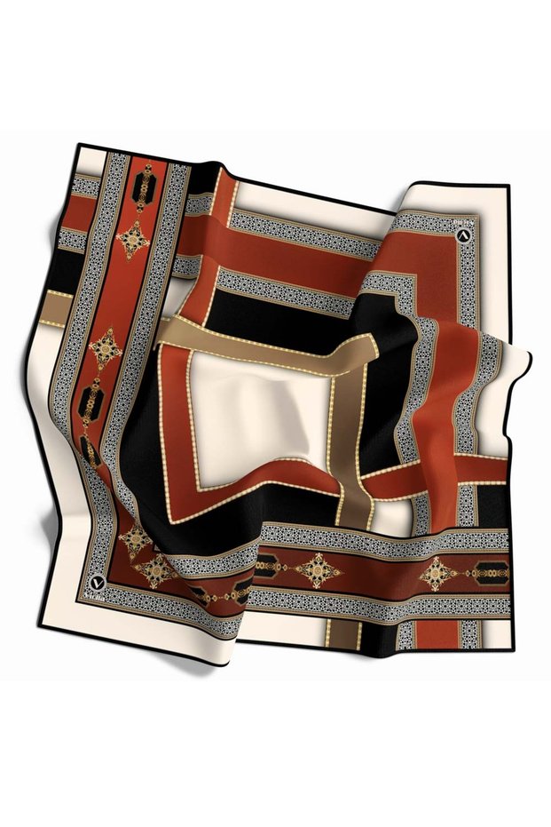 Twill Gold Detailed and Antique Motif Patterned Tan Colored 90X90 Scarf (Silk Free) Edge Stitching Shape E