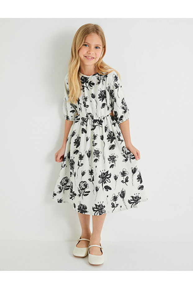 Linen Dress Floral Balloon Sleeve Round Neck