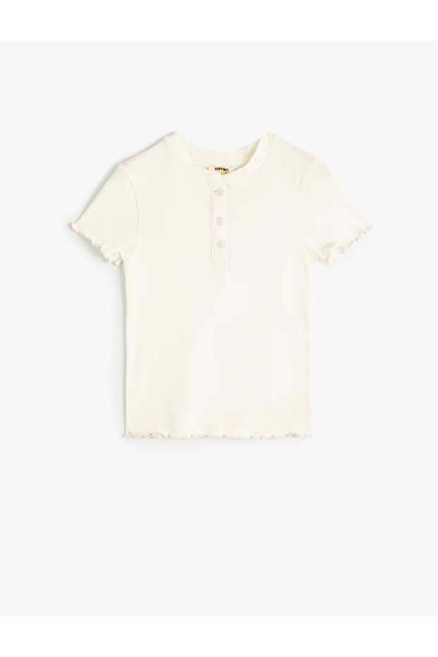 Cotton Short Sleeve Round Neck and Button Detailed Ribbed T-Shirt