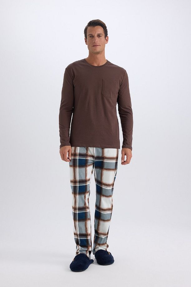 Regular Fit Pijama Takımı Bisiklet Yaka Uzun Kollu Üst Kareli Uzun Alt D8213AX24WN - 3