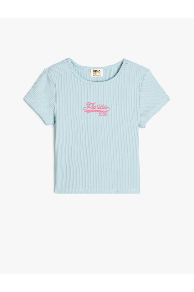 Crew Neck Short Sleeve Ribbed Embroidery Detailed T-Shirt