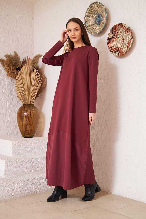 Kadın Bordo Uzun Kollu Eteği Poplin Detaylı Maxi Boy Elbise Dm4640 - 8