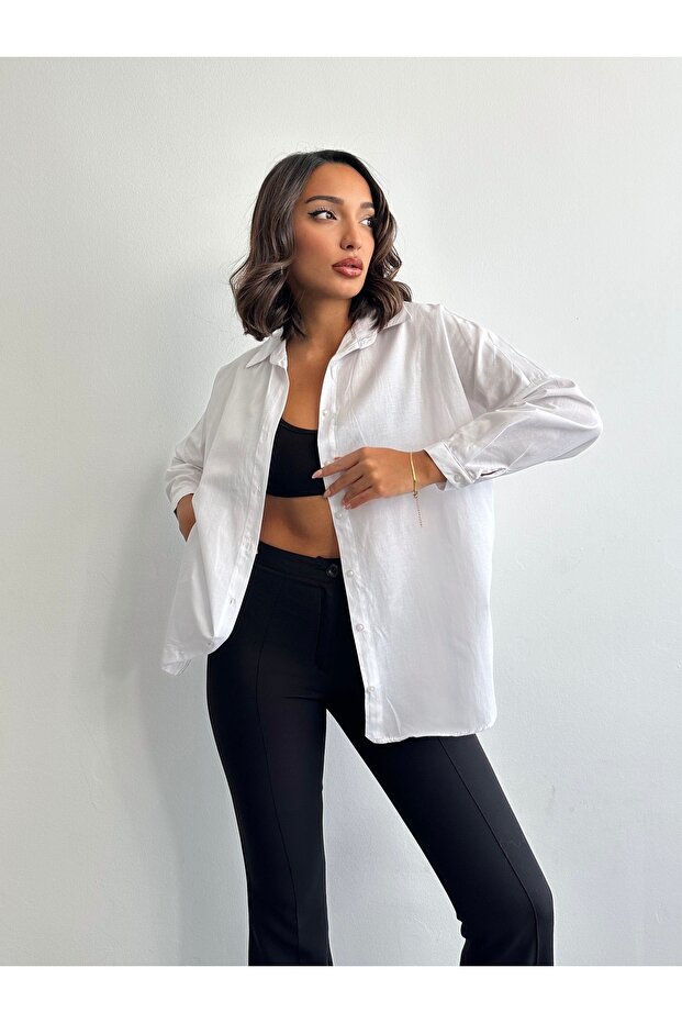 Kadın Beyaz Oversize Uzun Basic Gömlek - 4