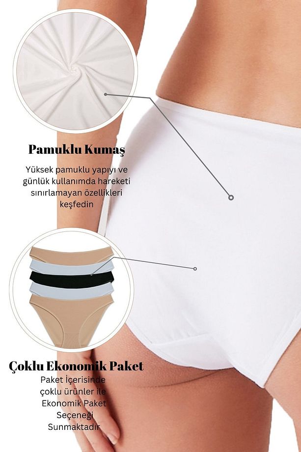 Kadın 5'li Ekonomik Paket Siyah 2057 High Leg Classic Pamuklu Basic Külot - 6