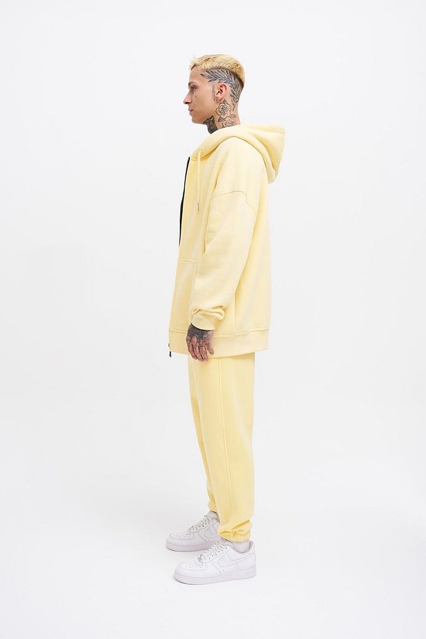 Erkek Basic Fermuarlı Cepli Kapüşonlu Oversize Sarı Sweatshirt - 6