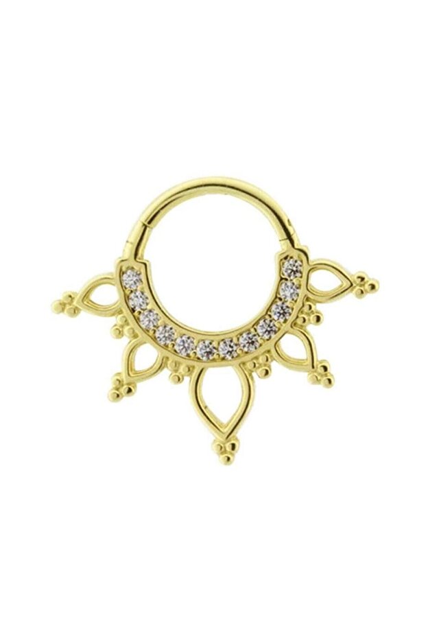 14 Ayar Altın Taşlı Minimal Taç Halka Piercing Sarı - 1