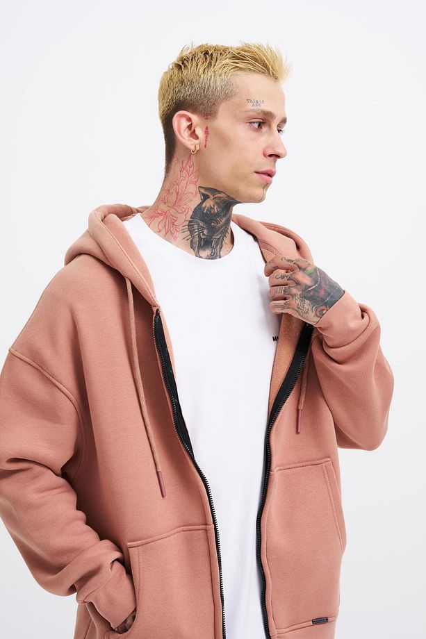 Erkek Basic Fermuarlı Cepli Kapüşonlu Oversize Bakır Sweatshirt - 3