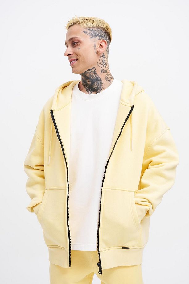 Erkek Basic Fermuarlı Cepli Kapüşonlu Oversize Sarı Sweatshirt - 2