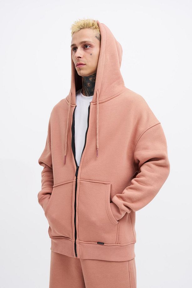 Erkek Basic Fermuarlı Cepli Kapüşonlu Oversize Bakır Sweatshirt - 1