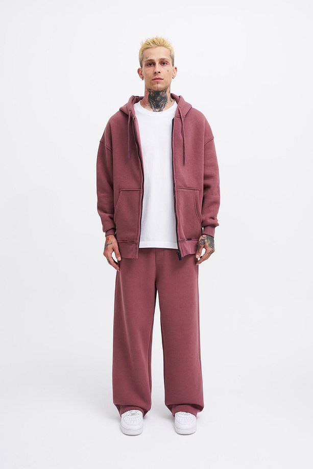 Erkek Basic Fermuarlı Cepli Kapüşonlu Oversize Mürdüm Sweatshirt - 6
