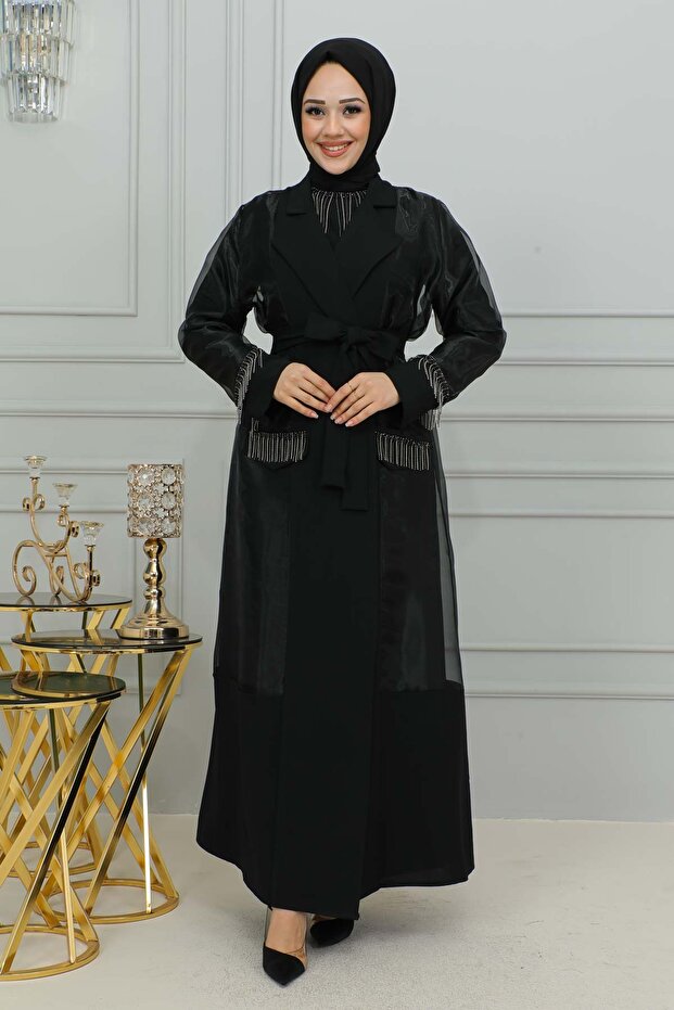 Black Chain Detailed Jacketed Double Abaya Suit