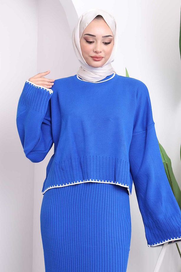Saks Mavi Triko Crop Elbiseli Ikili Takım - 3