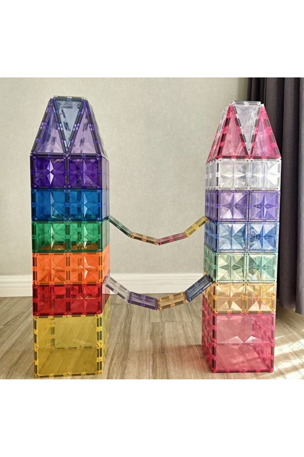 152 Parça Manyetik Yapı Blokları 2 Adet Tekerlekli & Araba Parçalı Magnetic Tiles - 6