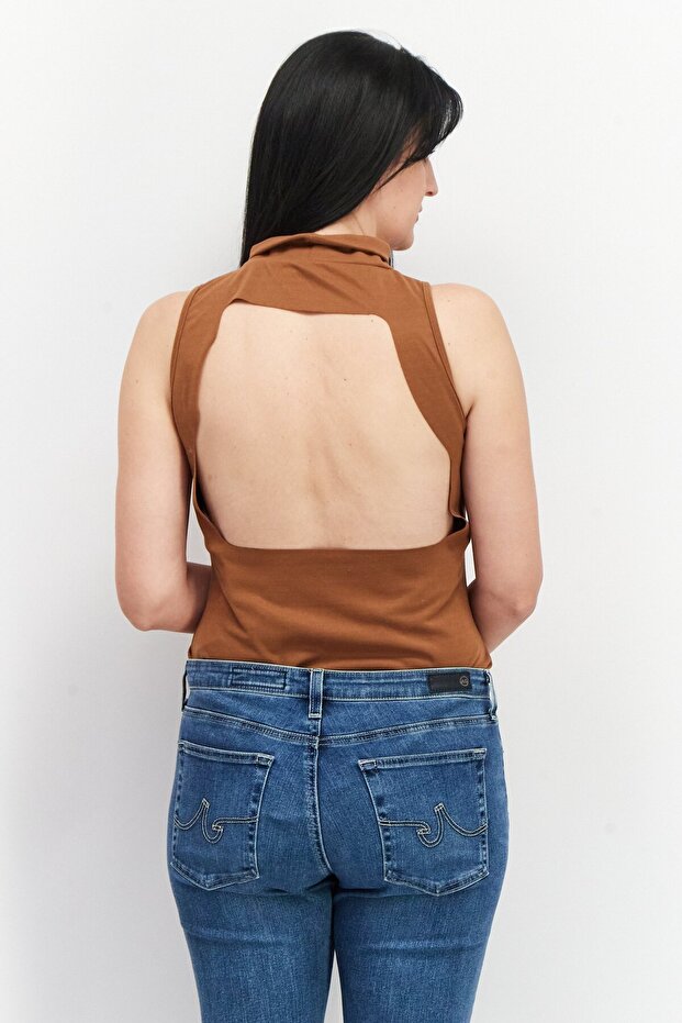 Kadın Yüksek Yakalı Düz Body، Kahverengi - 2