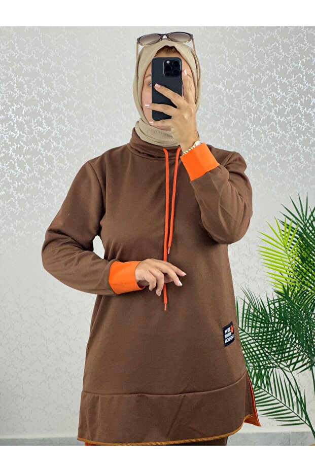 Women's Coffee Turtleneck Two Thread Raster Comfortable Casual Sports Bottom Top Suit