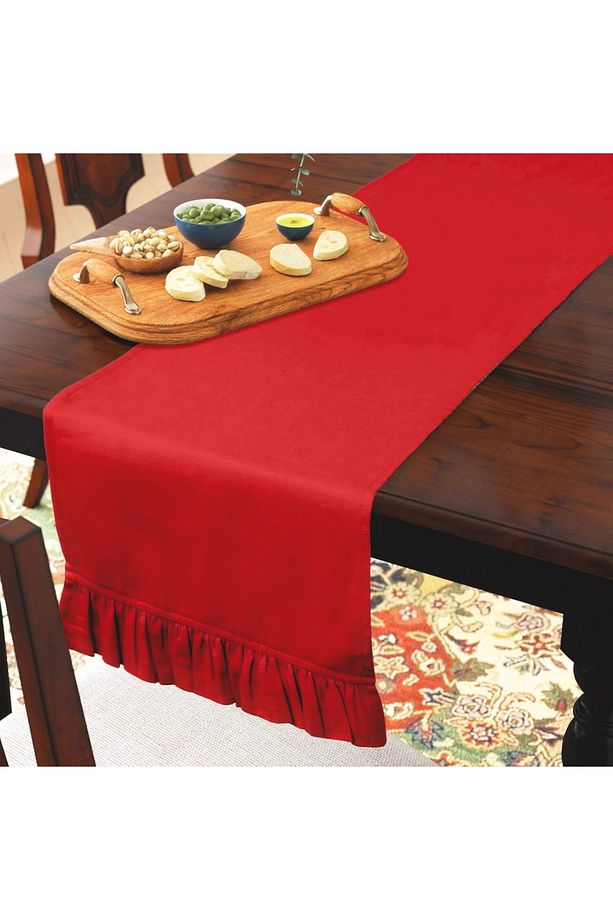Kırmızı Fırfırlı Runner 40 x 140 cm Yumuşak Tuşeli ,Kadife Görünümlü, Bohem, İskandinav, Yılbaşı - 3