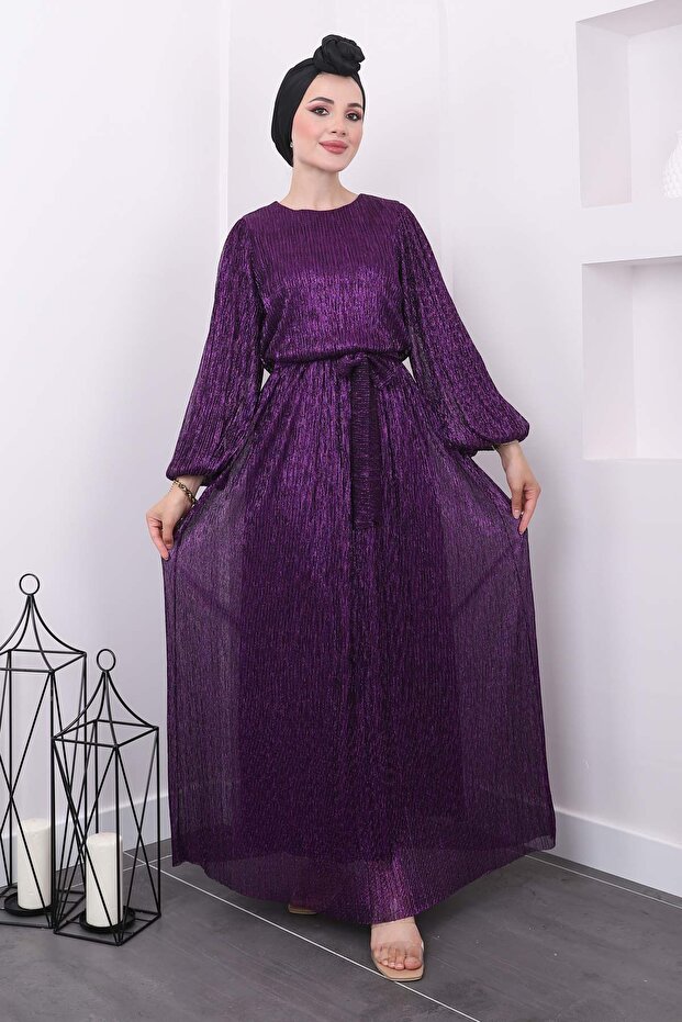 Purple Balloon Sleeve Belted Evening Dress