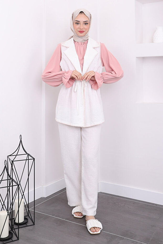 Powder Blouse Vest Trousers Triple Set