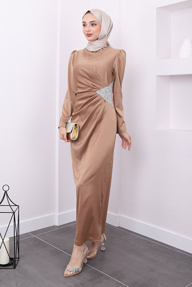 Mink Satin Taupe color Dress with Stone Embellished