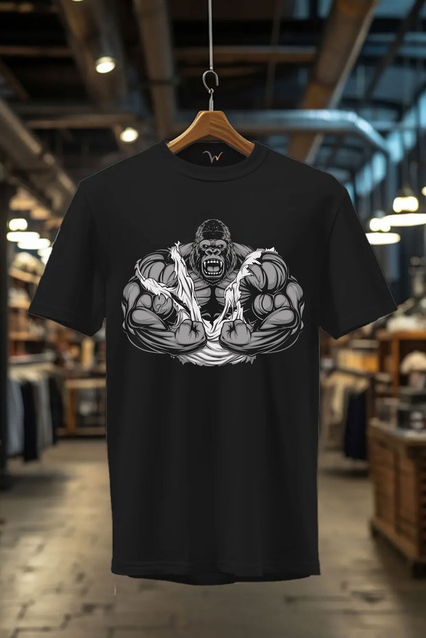 Unisex Fitness Gym Athlete Gorilla Printed 100% Cotton Regular Fit Crew Neck Black T-Shirt