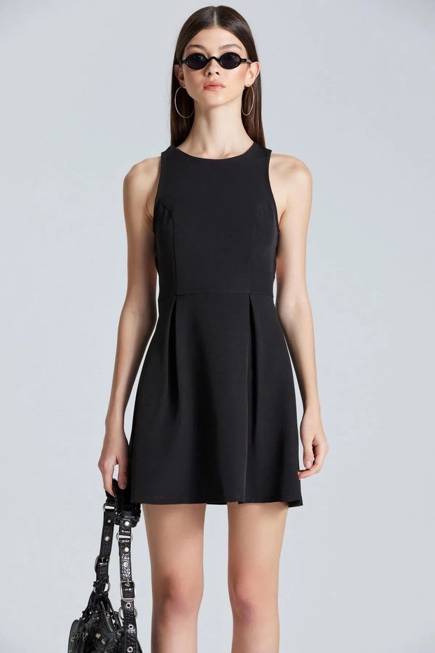 Wft2504 Skirt Pleated Backless Black Dress