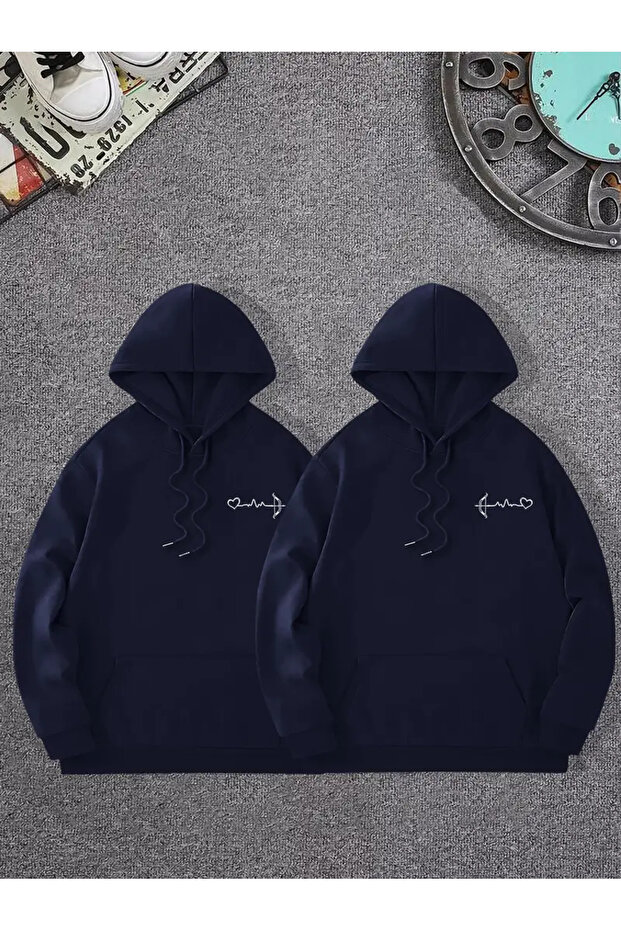 2-Piece Small Heart and Arrow Printed Couple Special Unisex Oversize Hooded Sweatshirt
